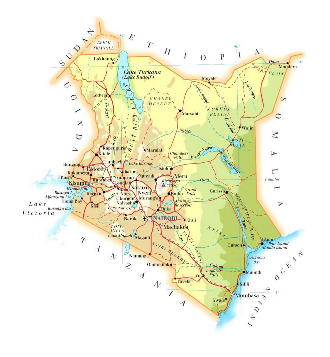 Detailed elevation map of Kenya with roads, cities and airports