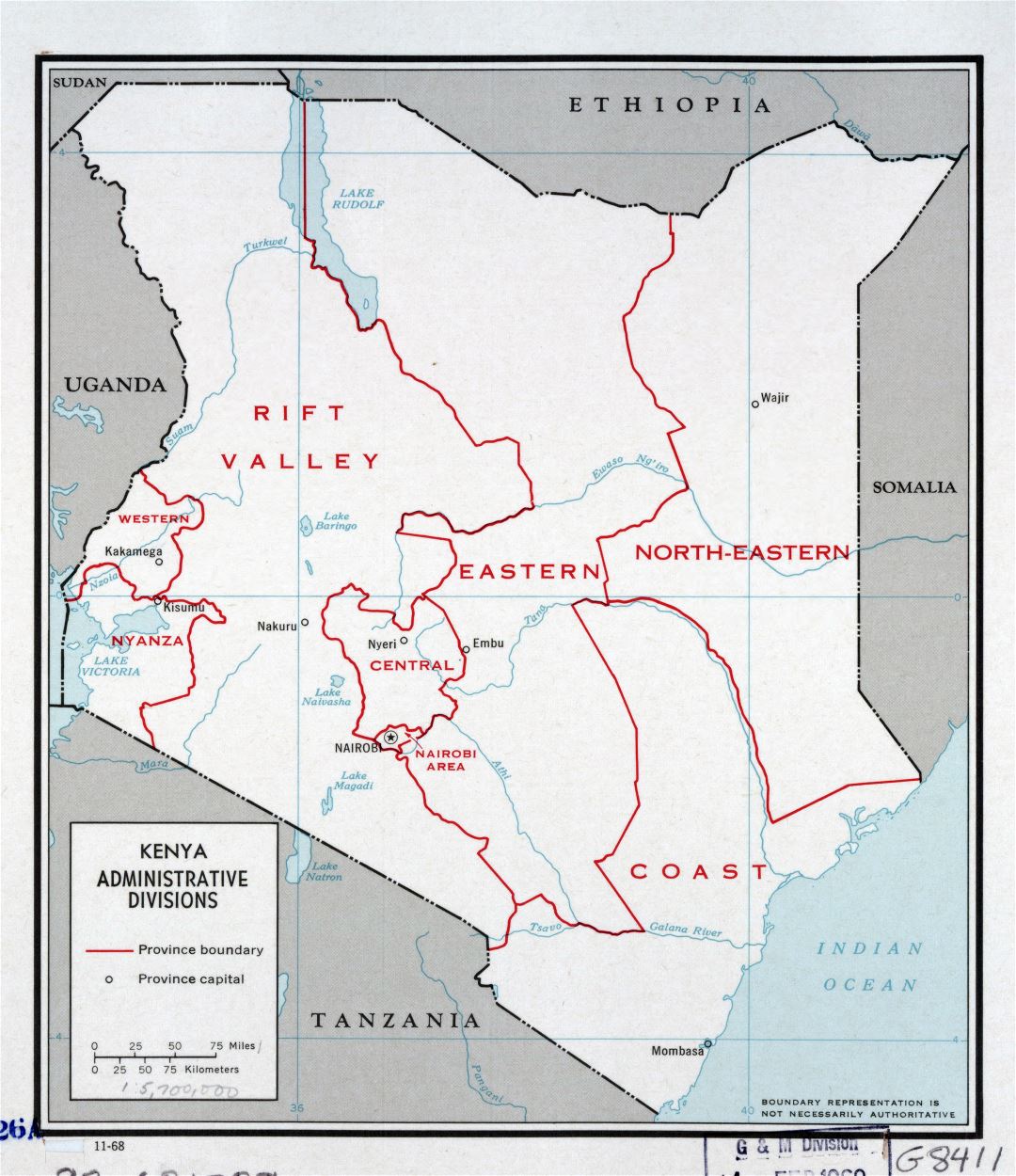 Large detailed administrative divisions map of Kenya - 1968