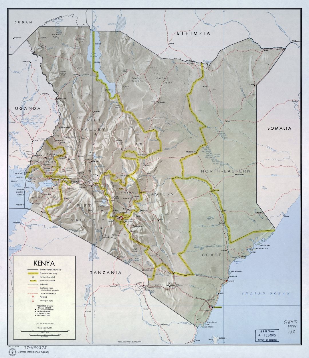 Large detailed political and administrative map of Kenya with relief, roads, railroads, cities, ports and airports - 1974