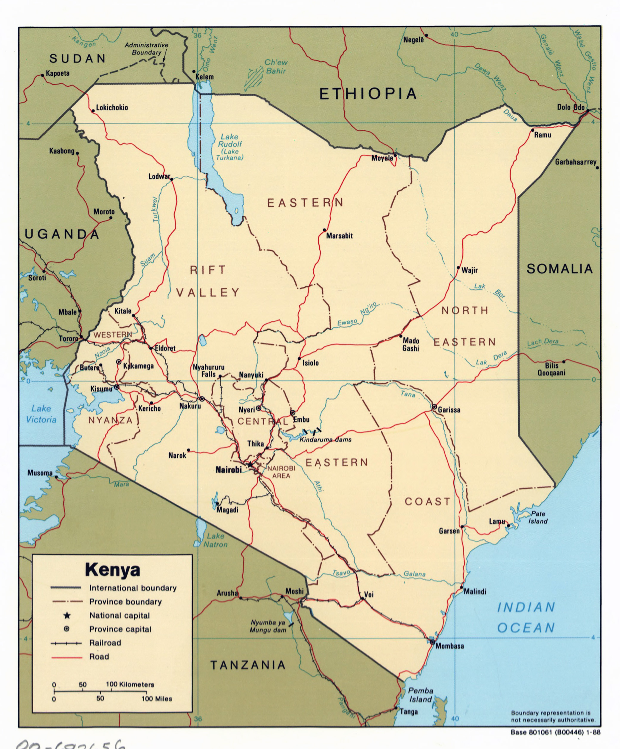 Large Detailed Political And Administrative Map Of Kenya With Roads Railroads And Major Cities 1988 