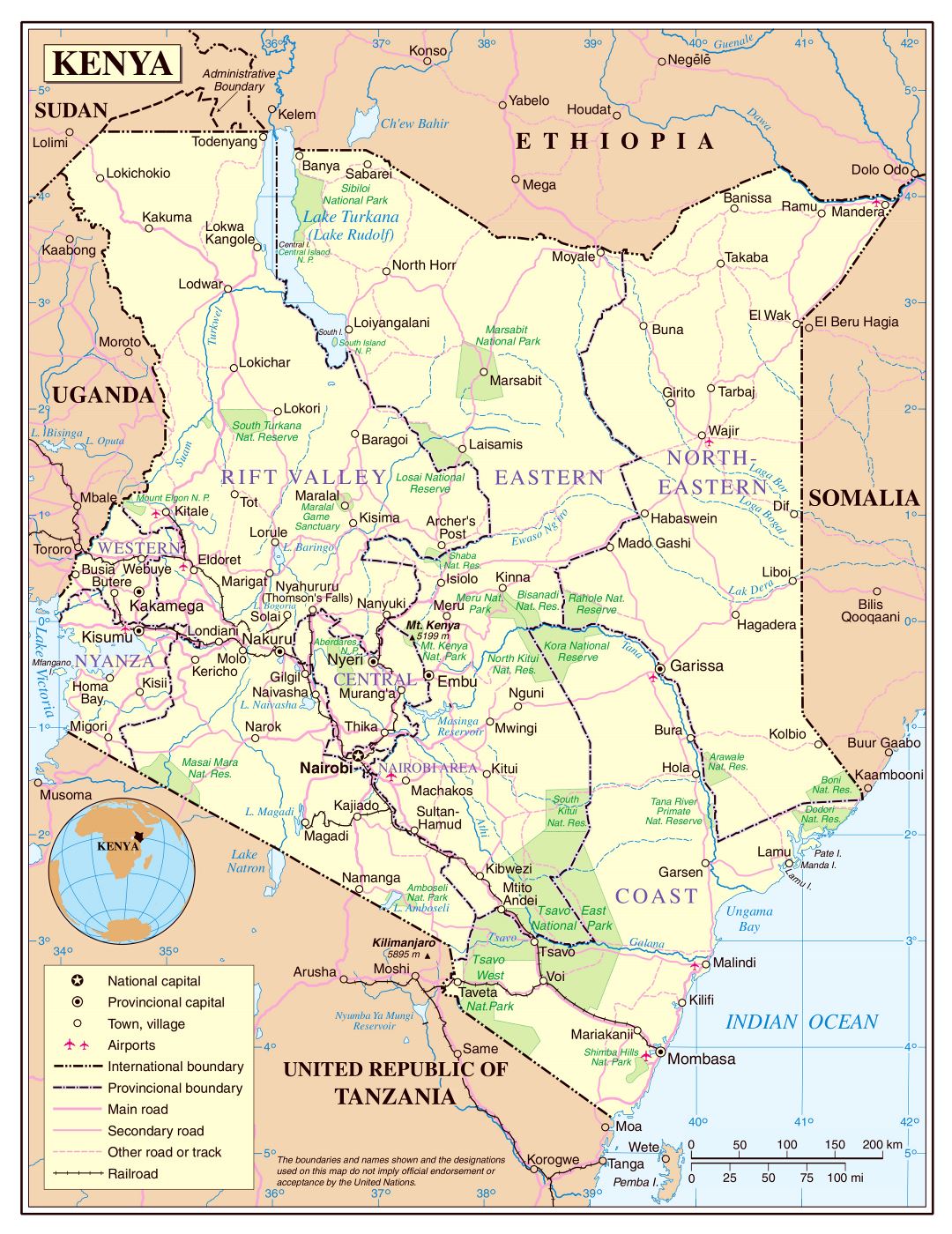 Large Detailed Political And Administrative Map Of Kenya With Roads Railroads National Parks Cities And Airports Small 