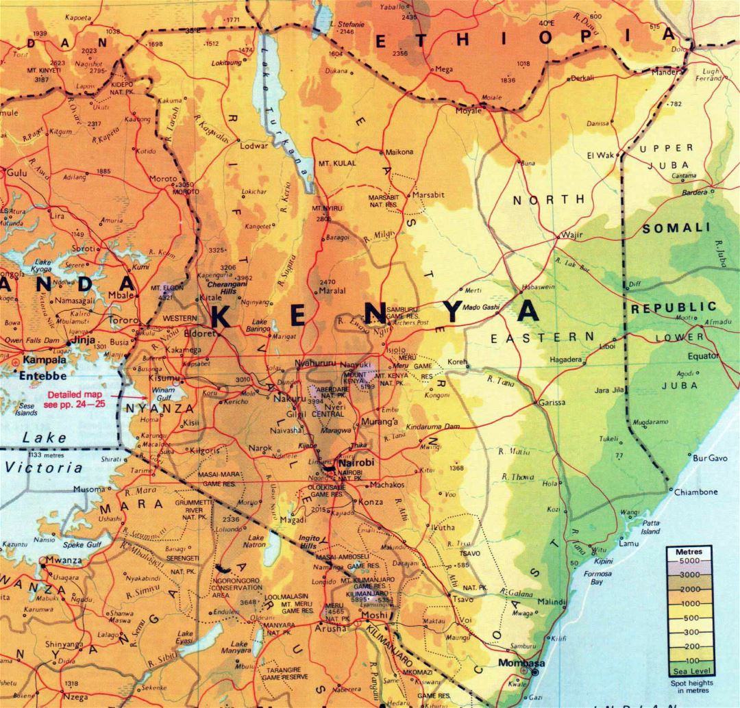 Large elevation map of Kenya with other marks