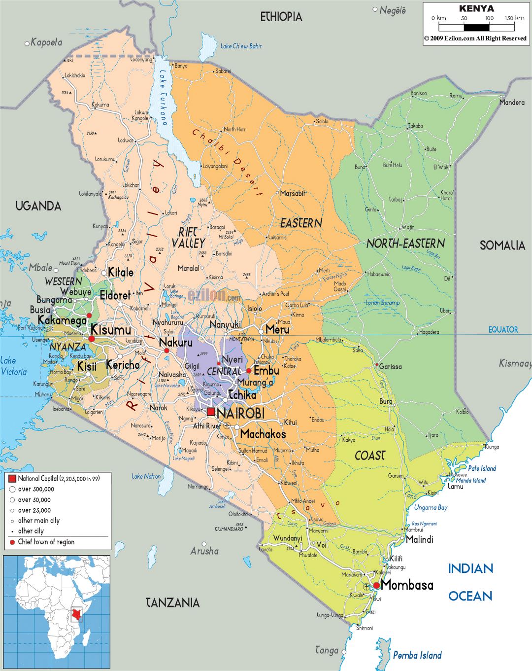 Large political and administrative map of Kenya with roads, cities and airports