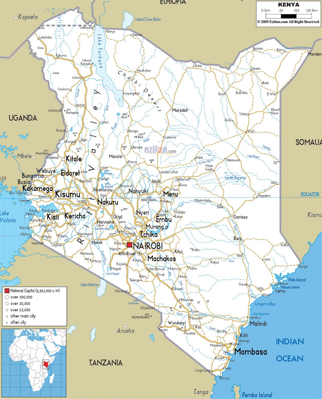 Large road map of Kenya with cities and airports