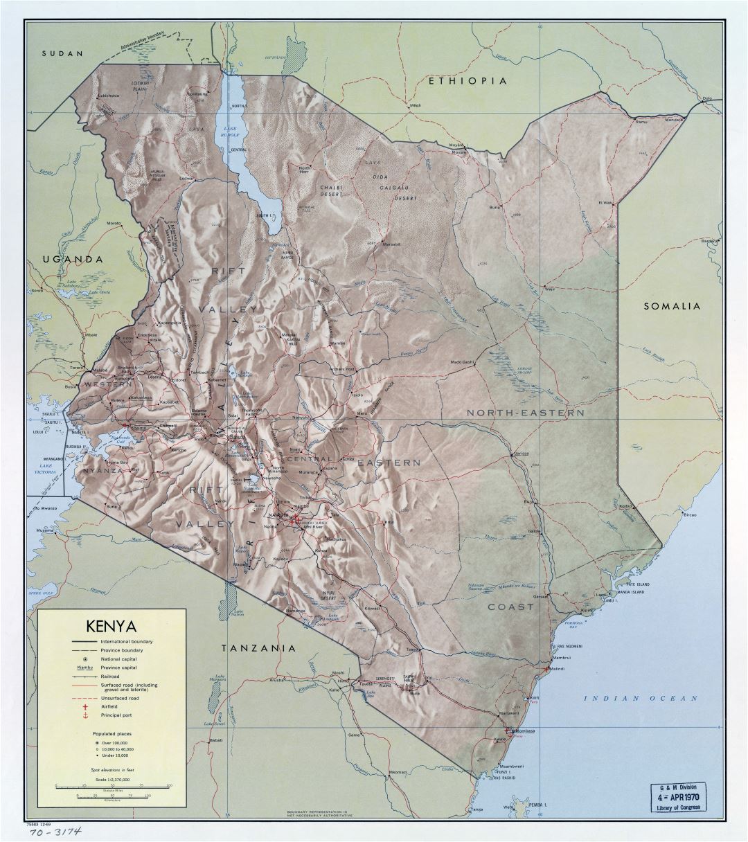 Large scale political and administrative map of Kenya with relief, roads, railroads, cities, ports and airports - 1969