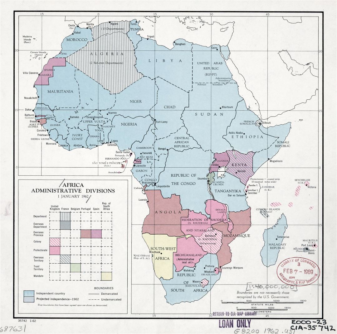 Large detail administrative divisions map of Africa with the marks of major cities - January, 1962