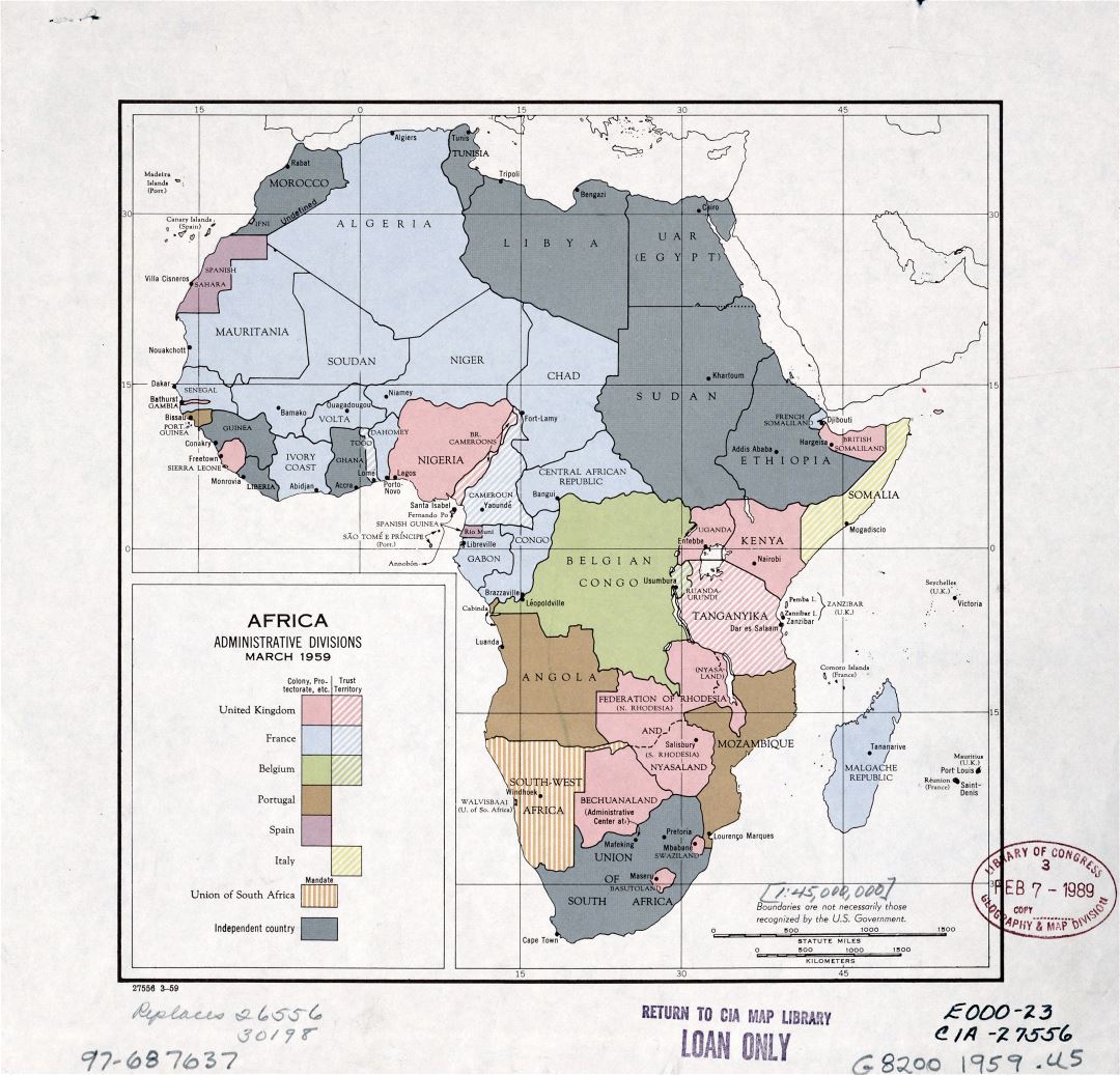 Large detail administrative divisions map of Africa with the marks of major cities - March, 1959