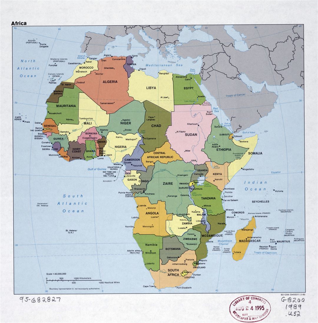 Large detail political map of Africa with the marks of capital cities, major cities and names of countries - 1989