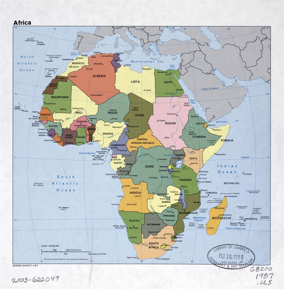 Large detail political map of Africa with the marks of capitals, large cities and names of countries - 1987