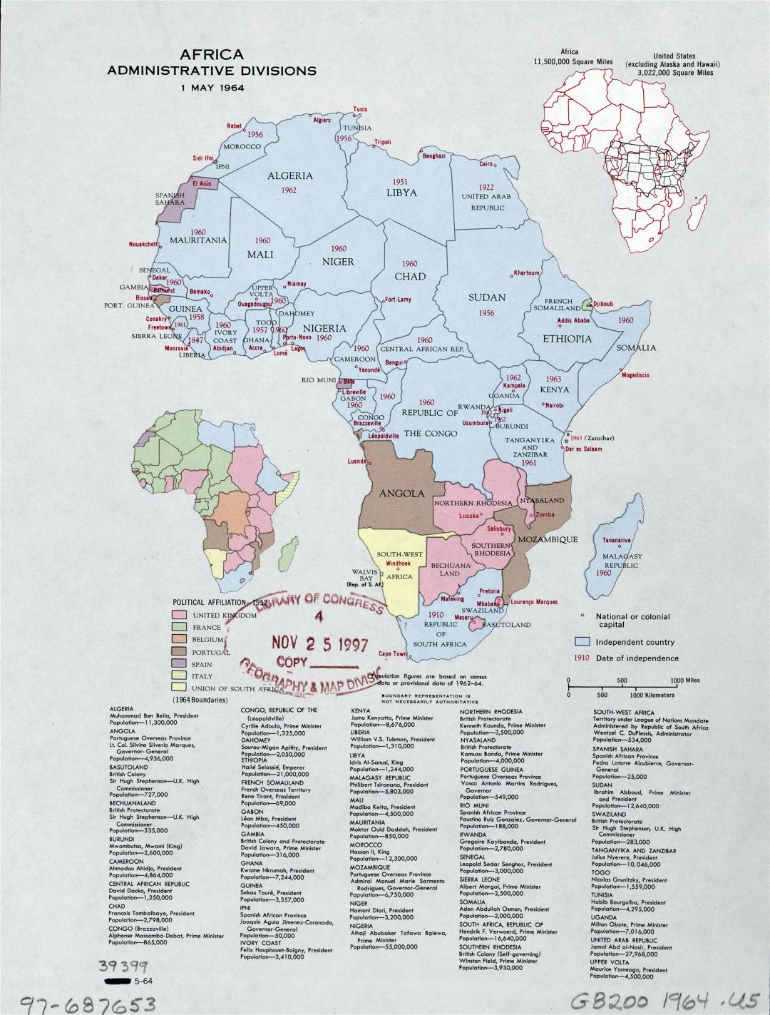 Large detailed administrative divisions map of Africa - May, 1964