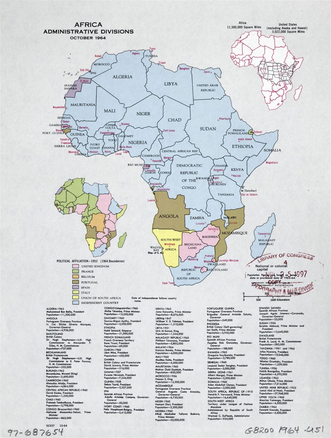 Large detailed administrative divisions map of Africa - October, 1964