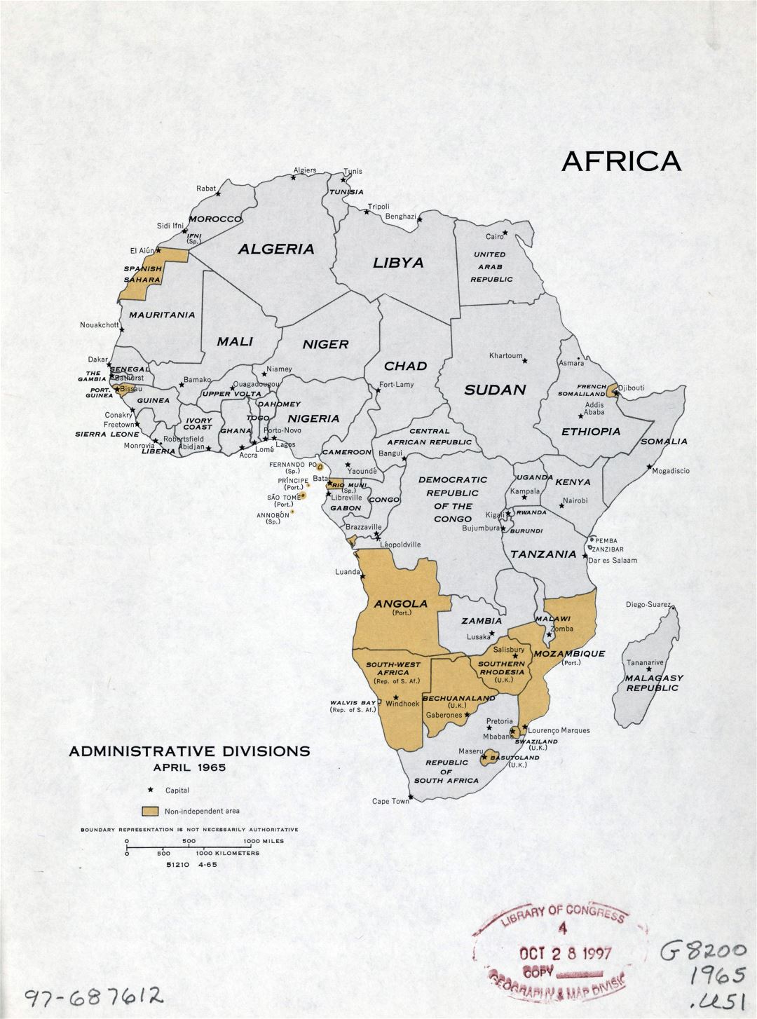 Large detailed administrative divisions map of Africa with marks of capitals - April, 1965