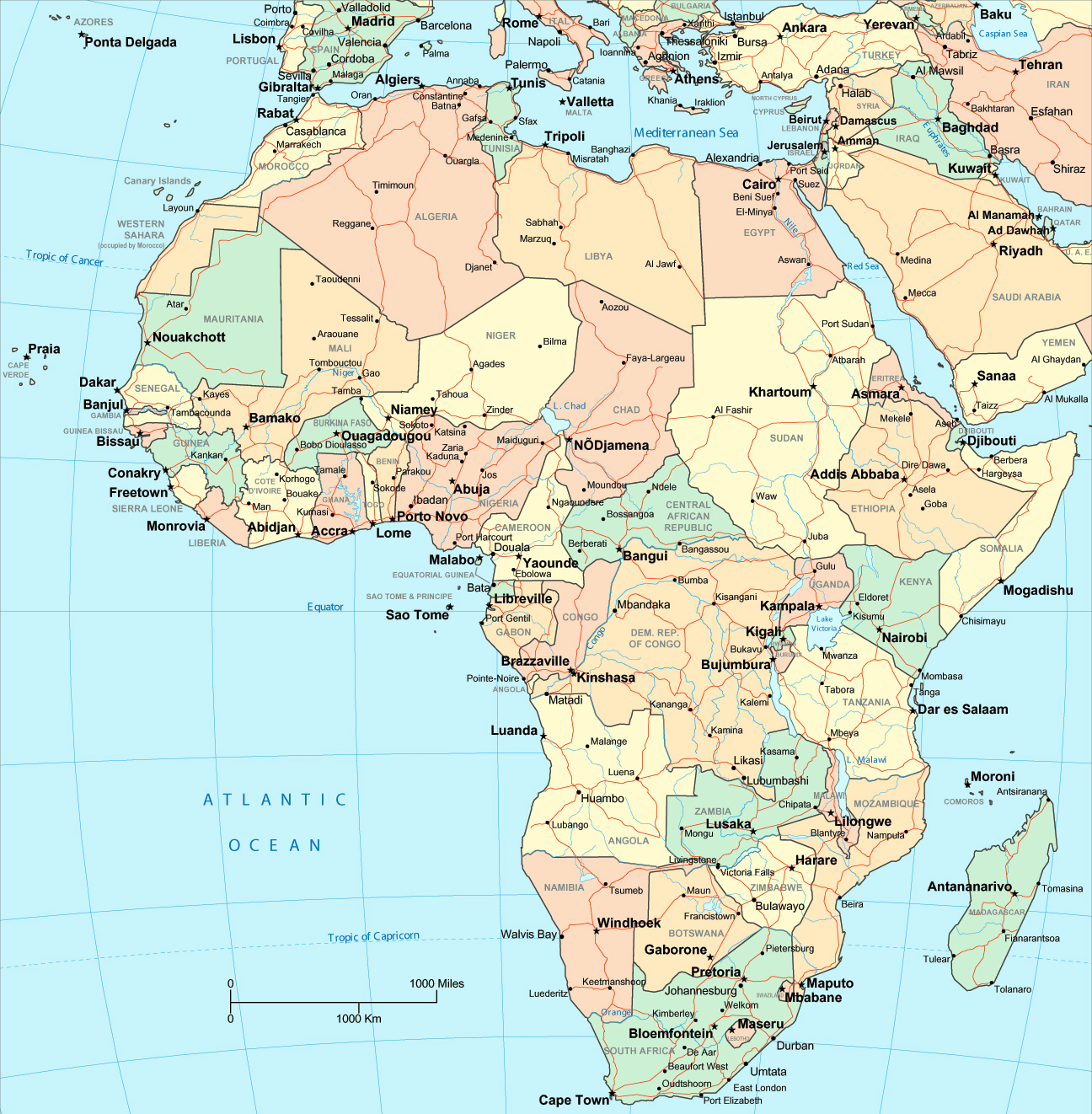 Major Cities In Africa Map Large detailed political map of Africa with major roads, capitals 