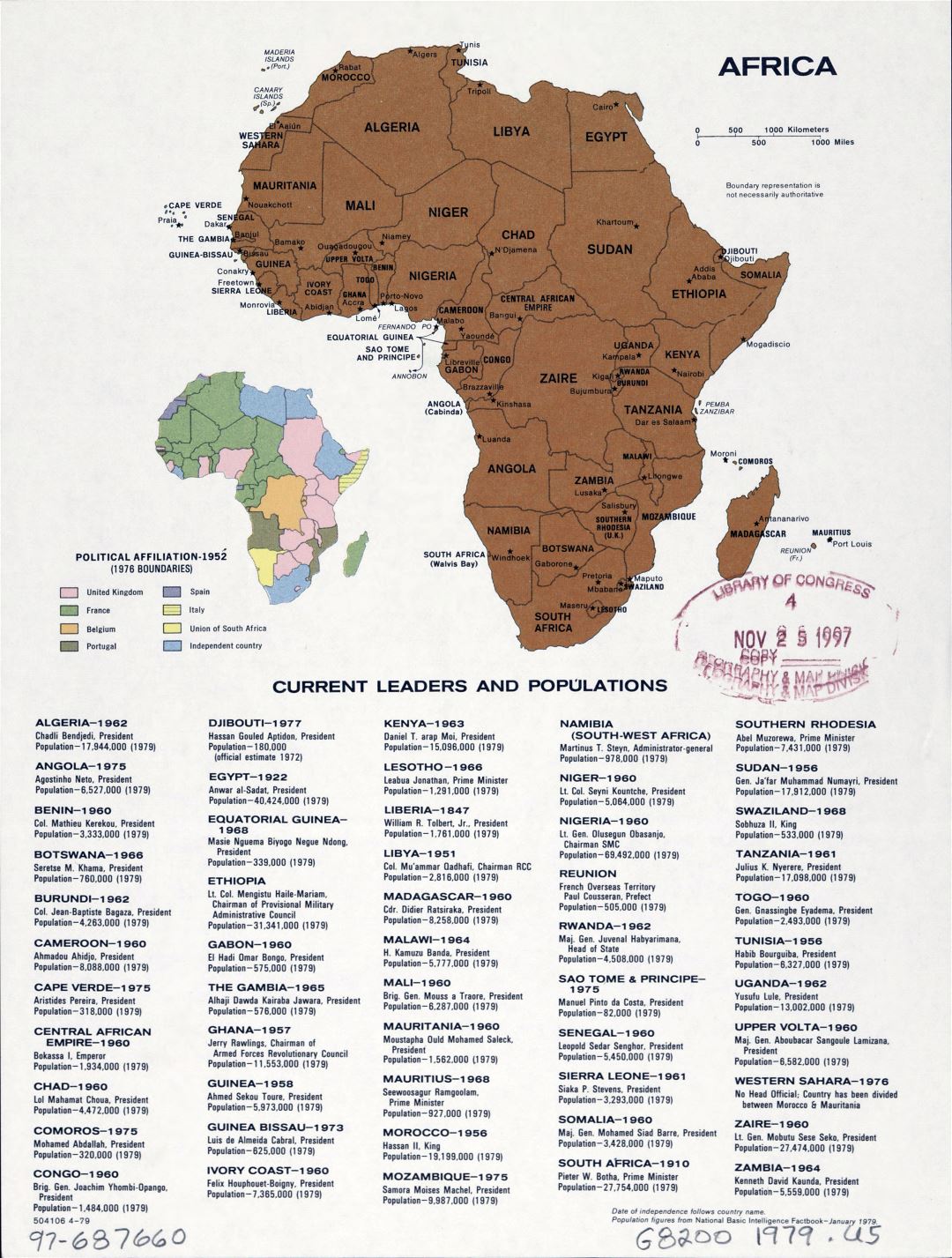 Large detailed political map of Africa with marks of capital cities - April, 1979