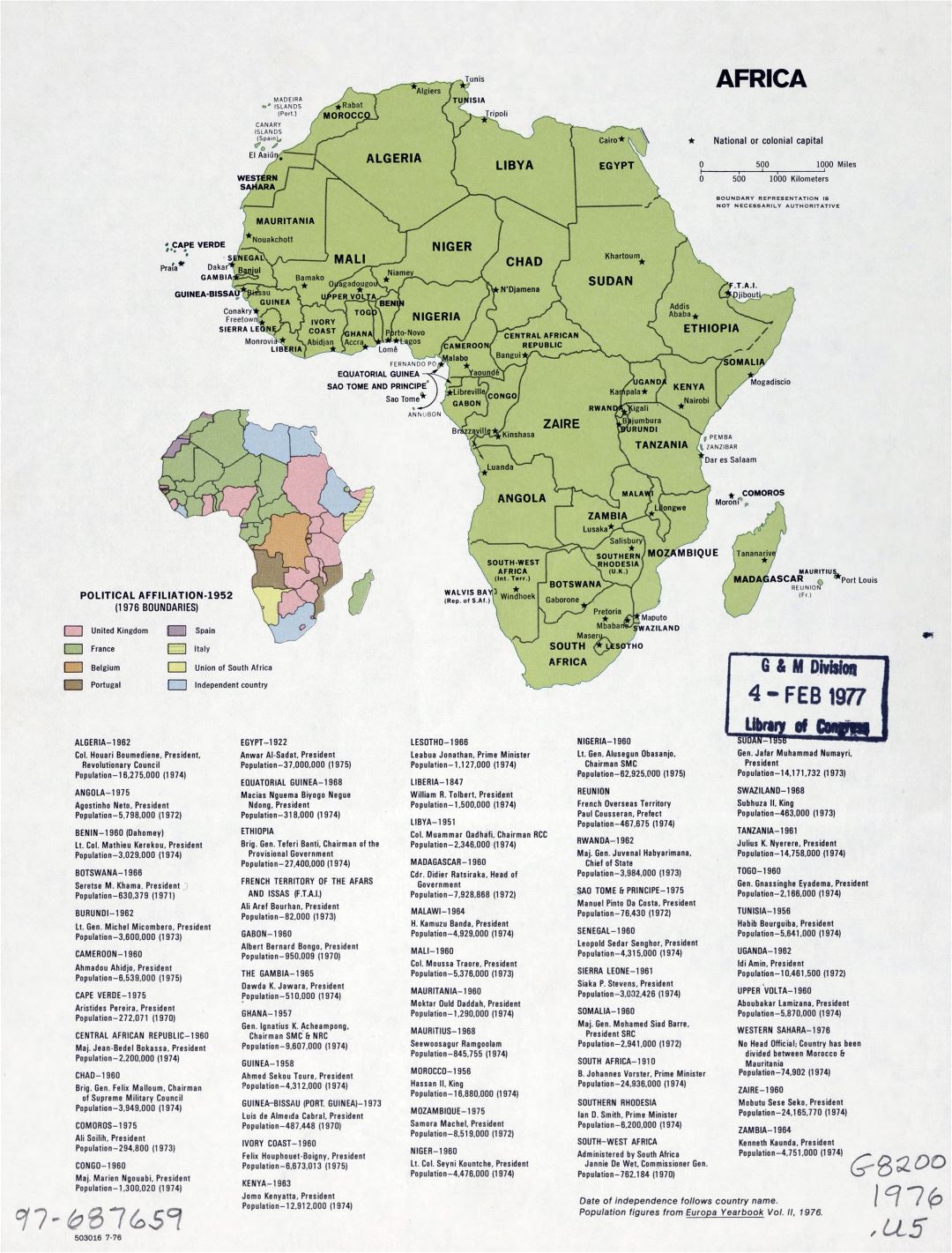 Large detailed political map of Africa with marks of capital cities - July, 1976