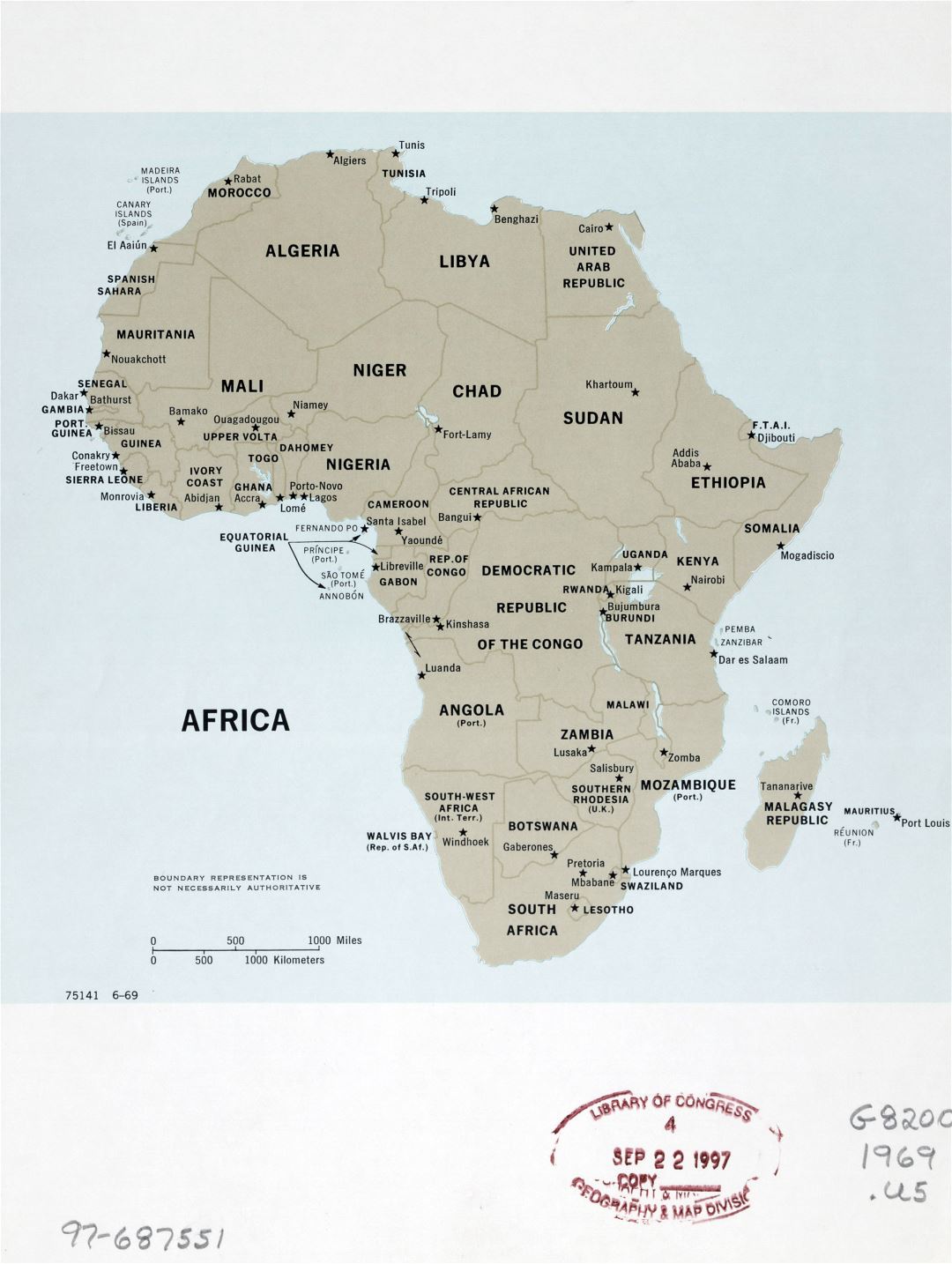 Large detailed political map of Africa with marks of capital cities - June, 1969