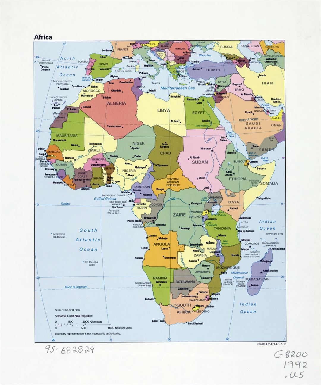 Large detailed political map of Africa with marks of capital cities, large cities and names of countries - 1992