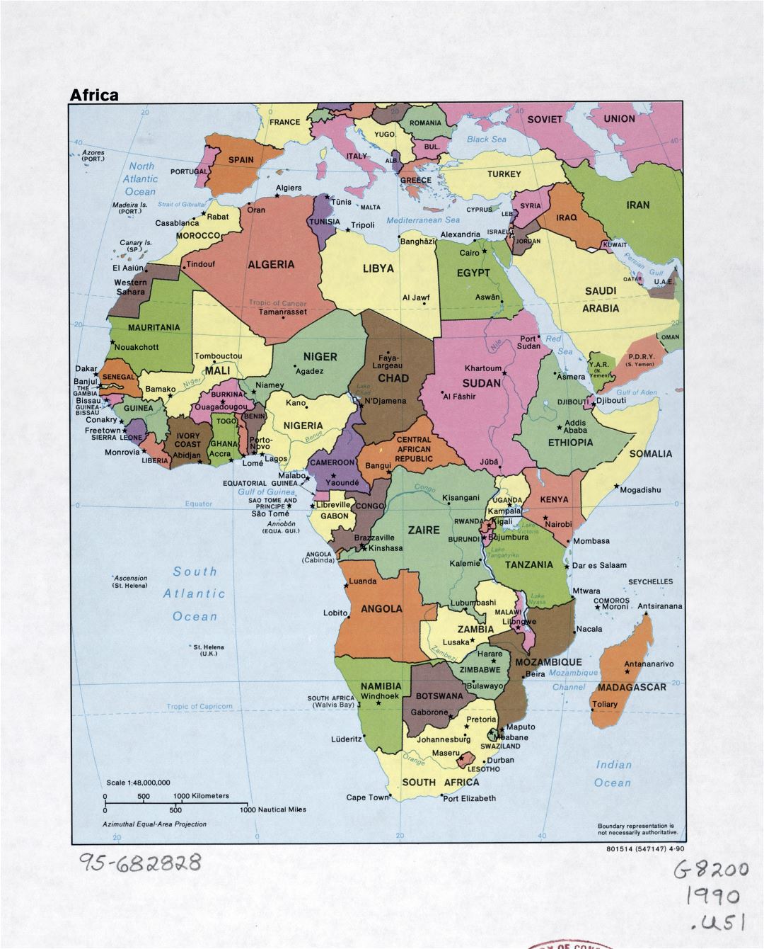 Large detailed political map of Africa with marks of capital cities, major cities and names of countries - 1990