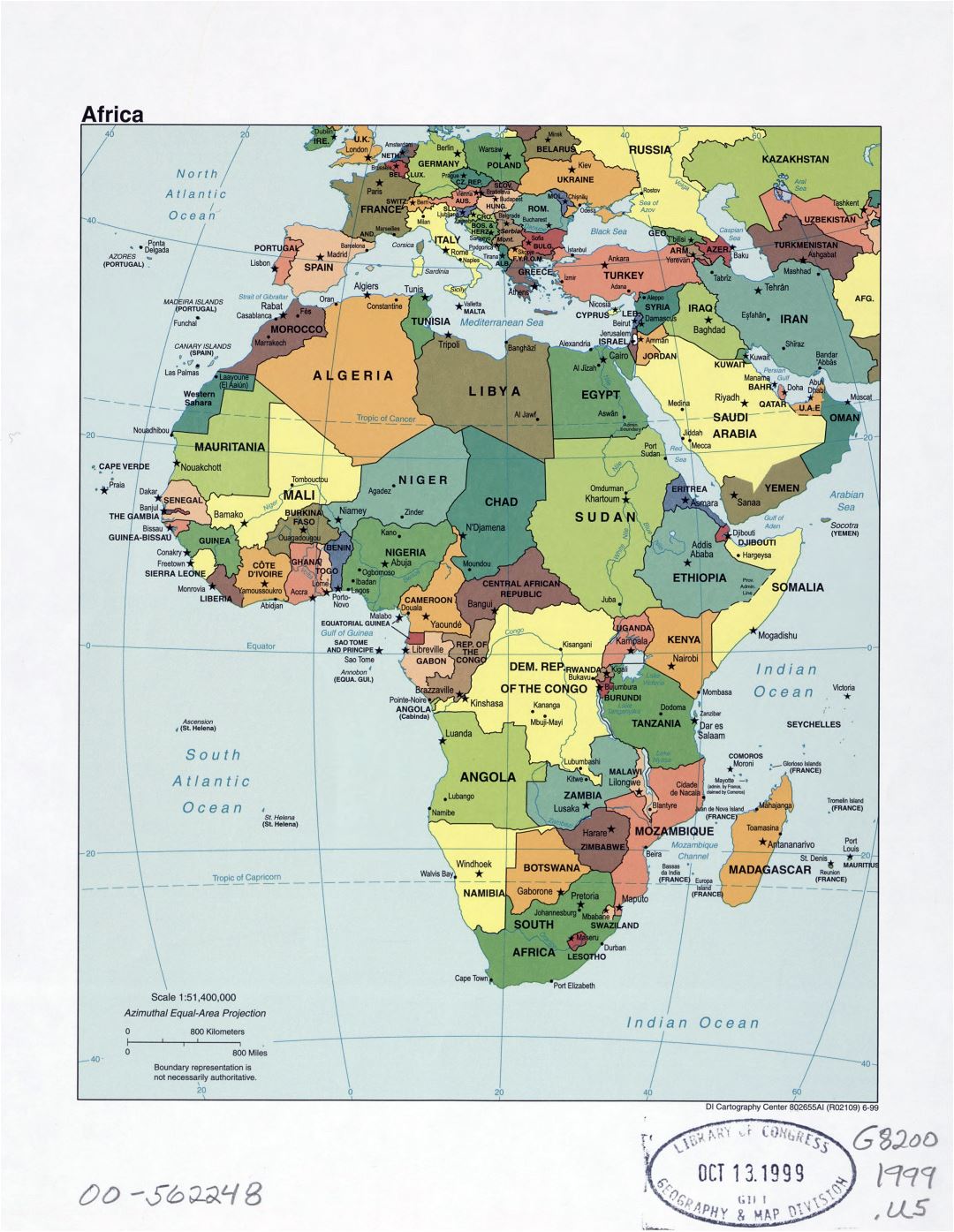 Large detailed political map of Africa with marks of capital cities, major cities and names of states - 1999