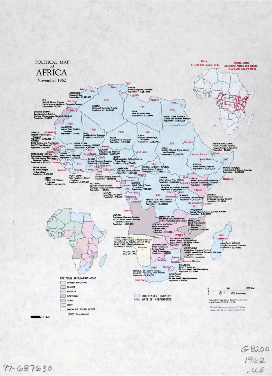 Large detailed political map of Africa with marks of capital cities - November, 1962