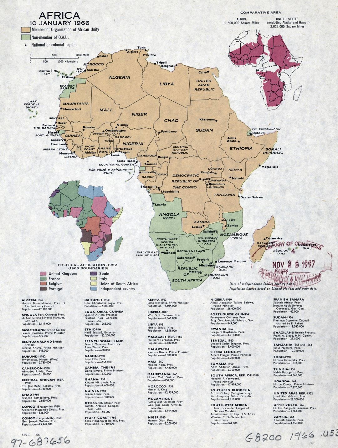 Large detailed political map of Africa with marks of capitals - January, 1966