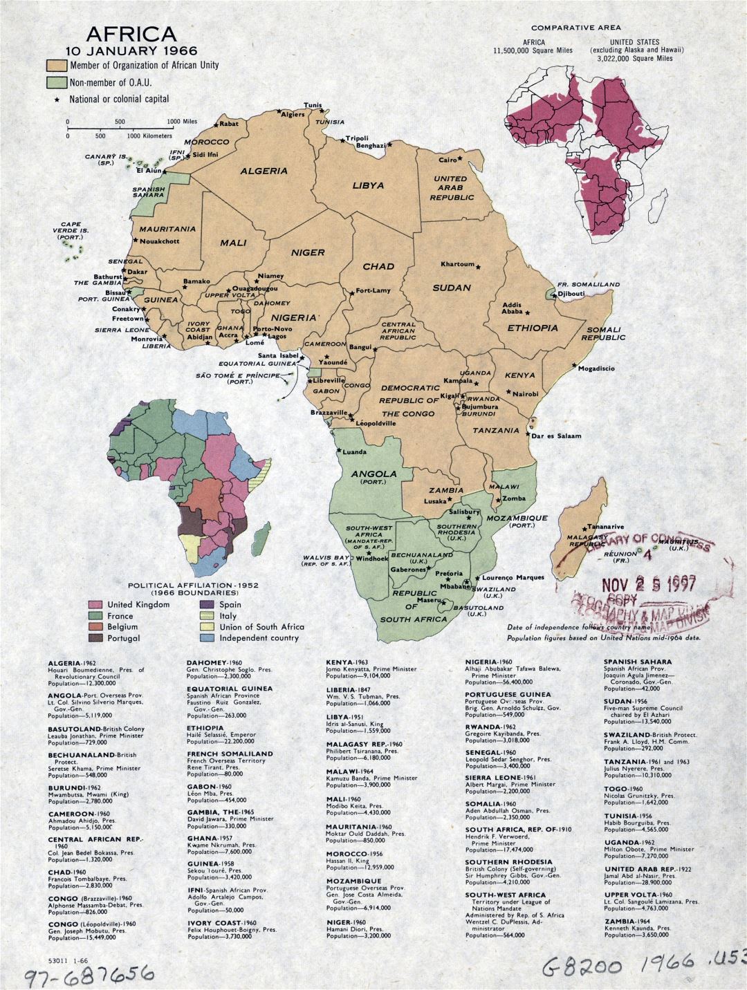 Large detailed political map of Africa with marks of capitals - January, 1966