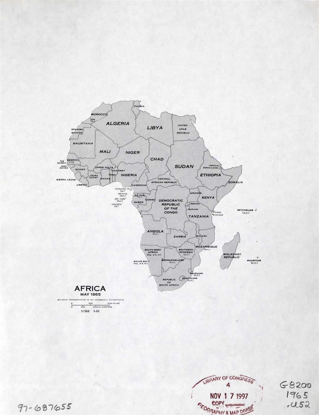 Large detailed political map of Africa with names of countries - May, 1965