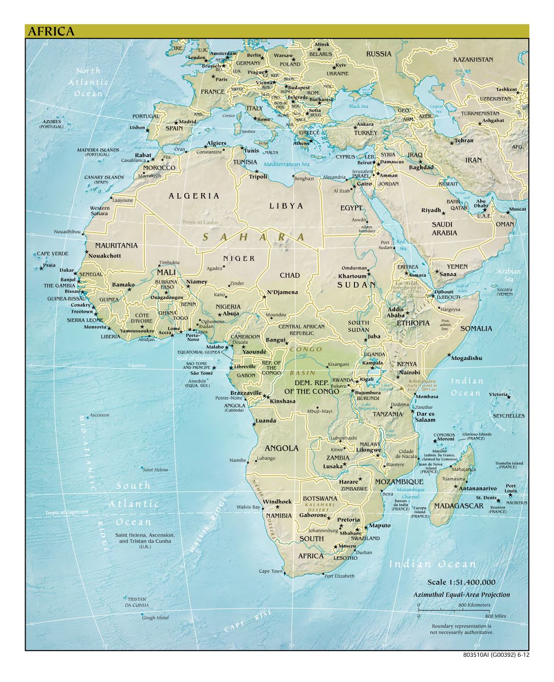 Large detailed political map of Africa with relief, major cities and capitals - 2012