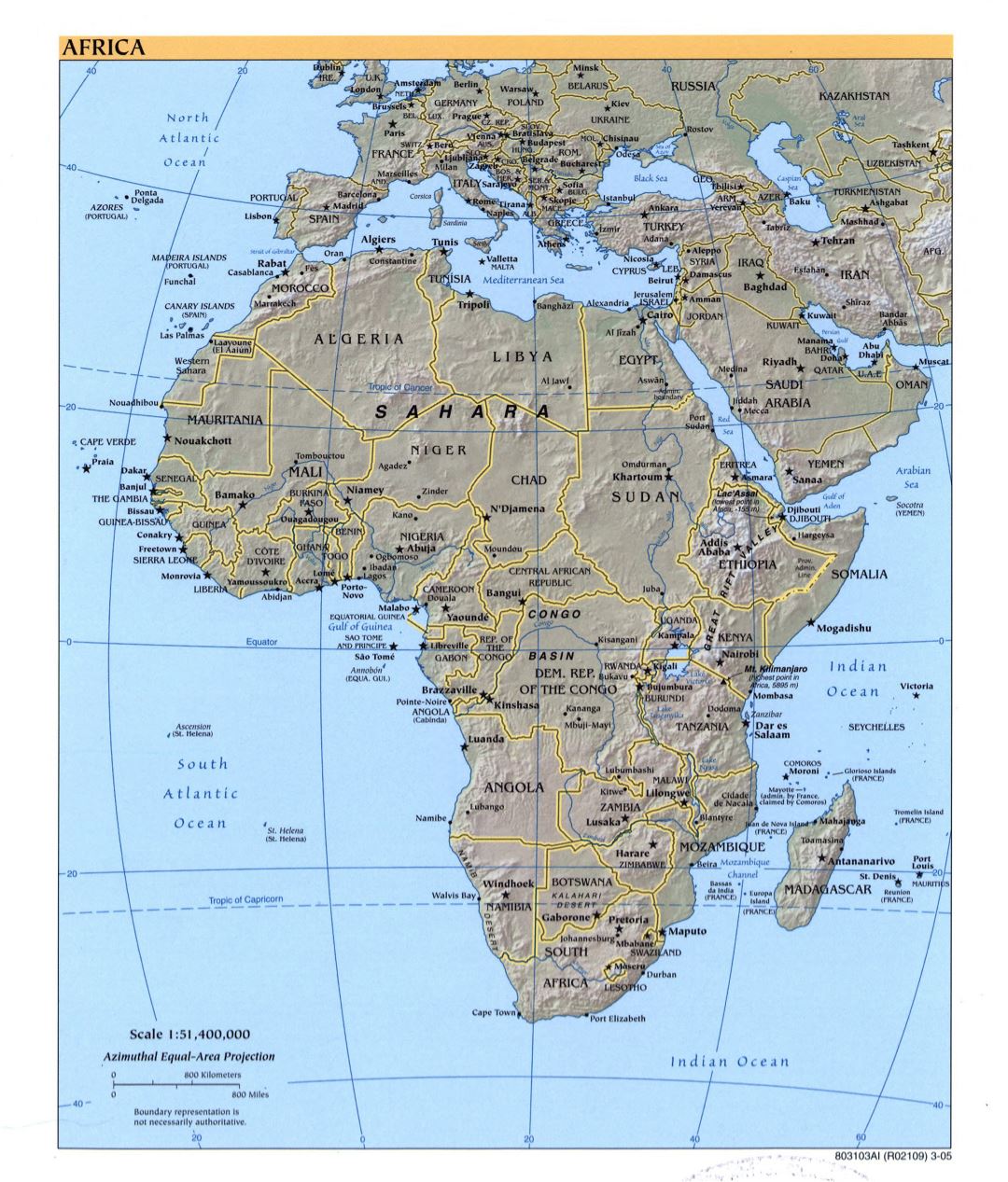 Large detailed political map of Africa with relief, marks of capitals, large cities and names of states - 2005