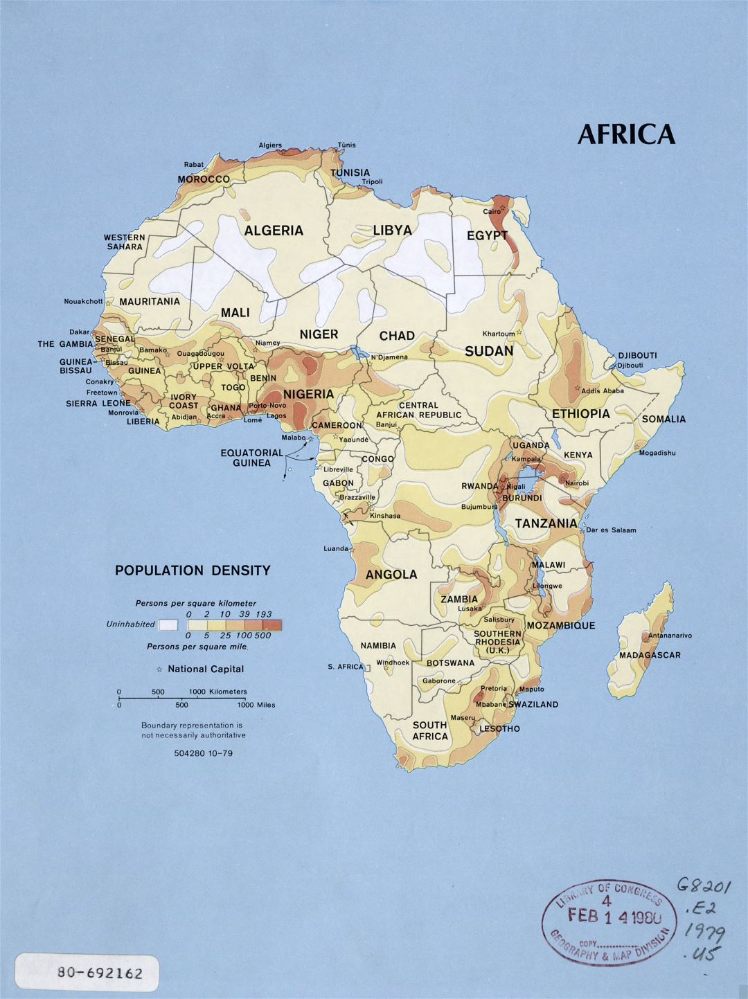 Large detailed population density map of Africa - 1979