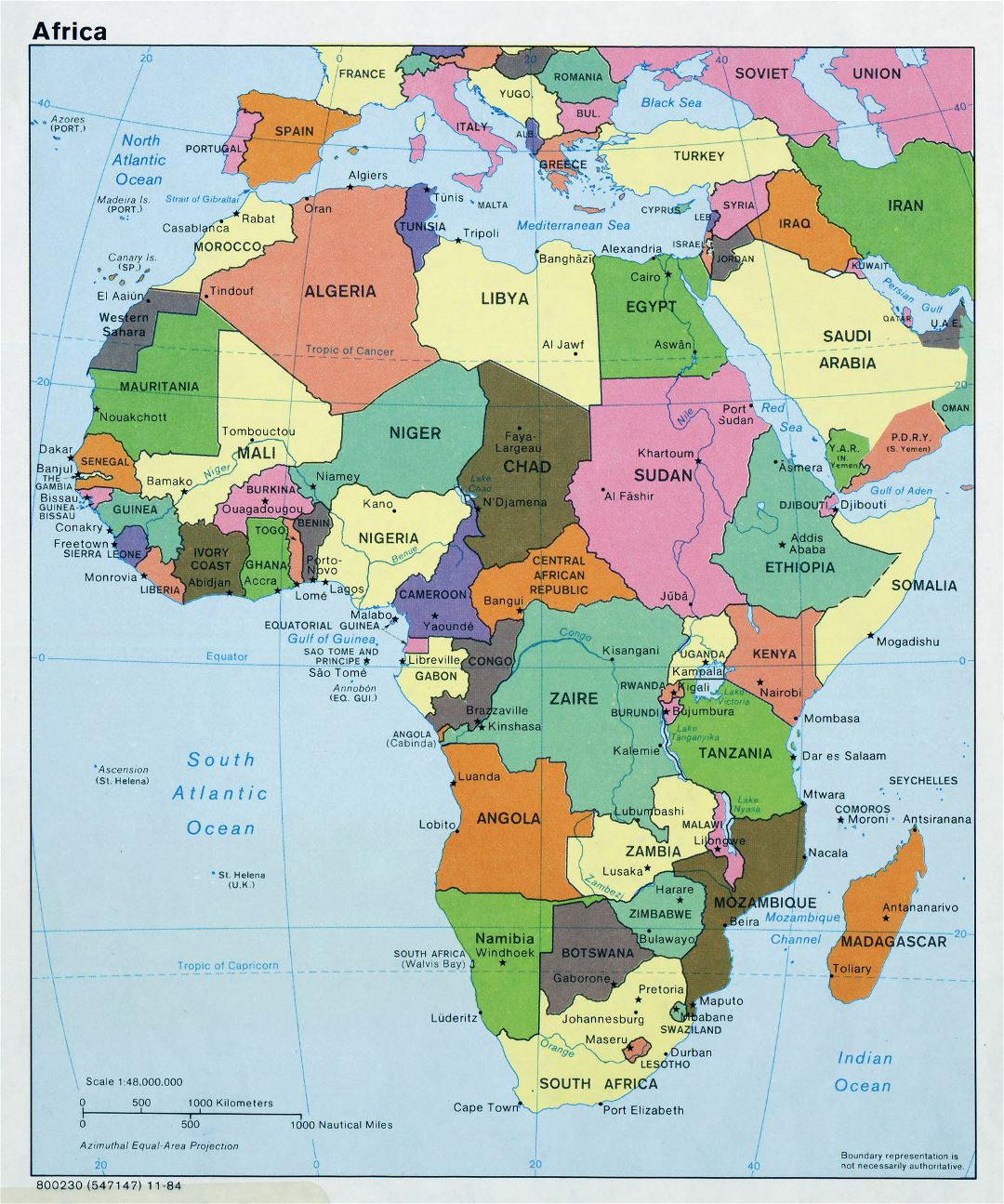 Large political map of Africa with capitals - 1984