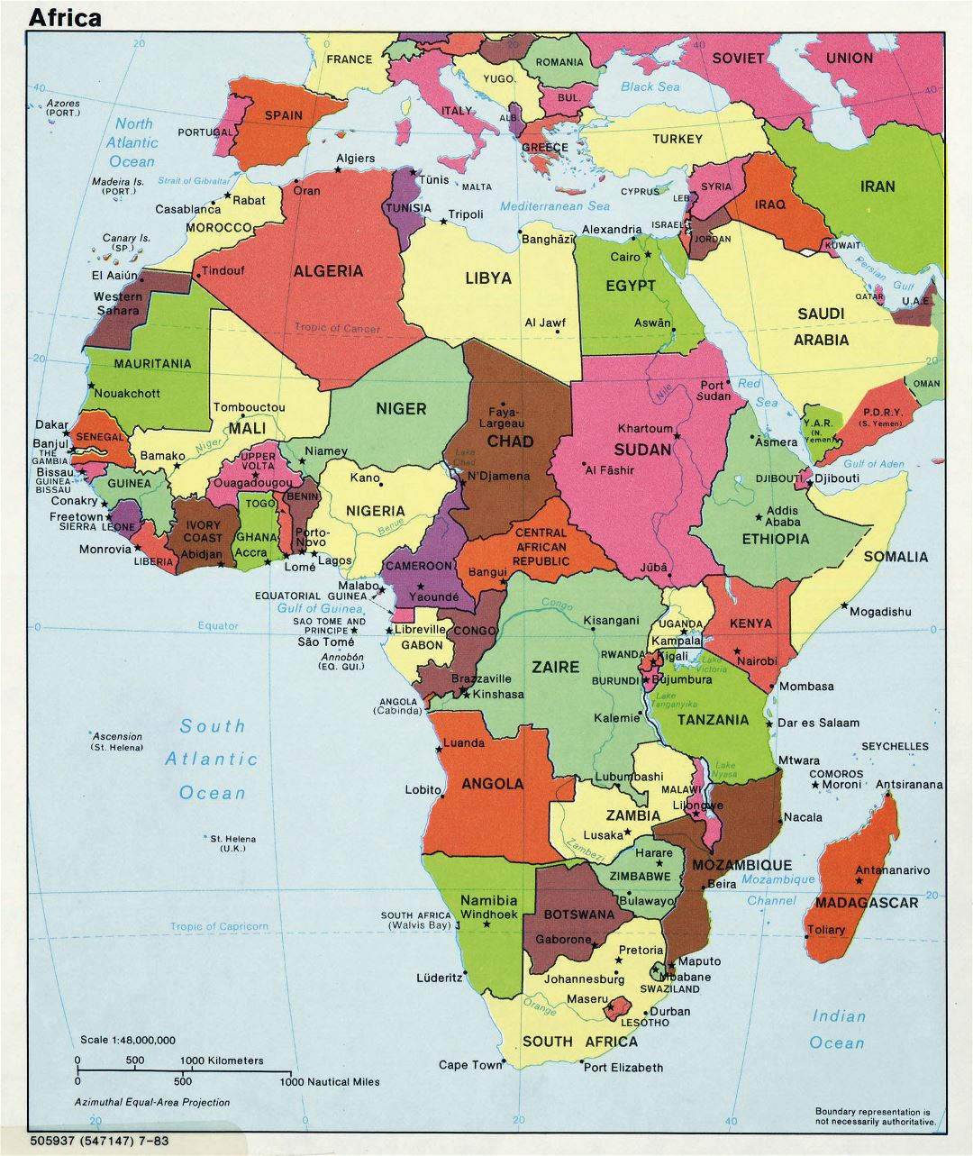 Large political map of Africa with major cities and capitals - 1983