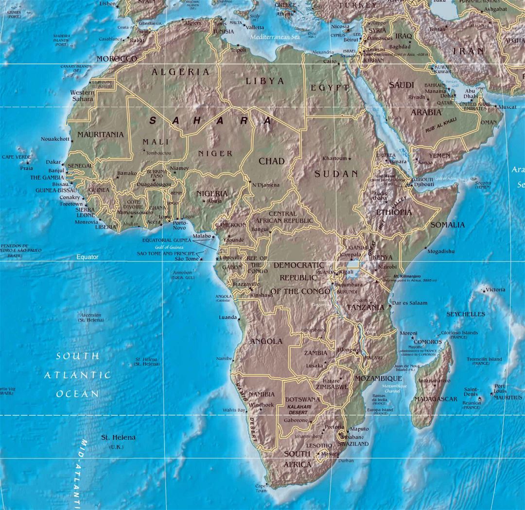 Large political map of Africa with relief