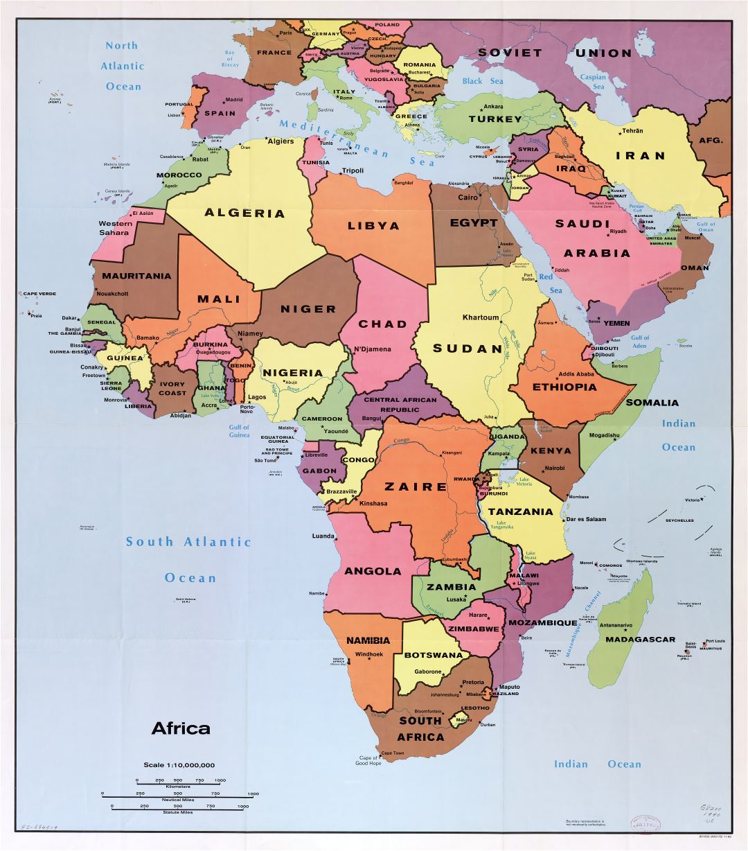 Large scale detail political map of Africa with the marks of capital cities, large cities and names of countries - 1990