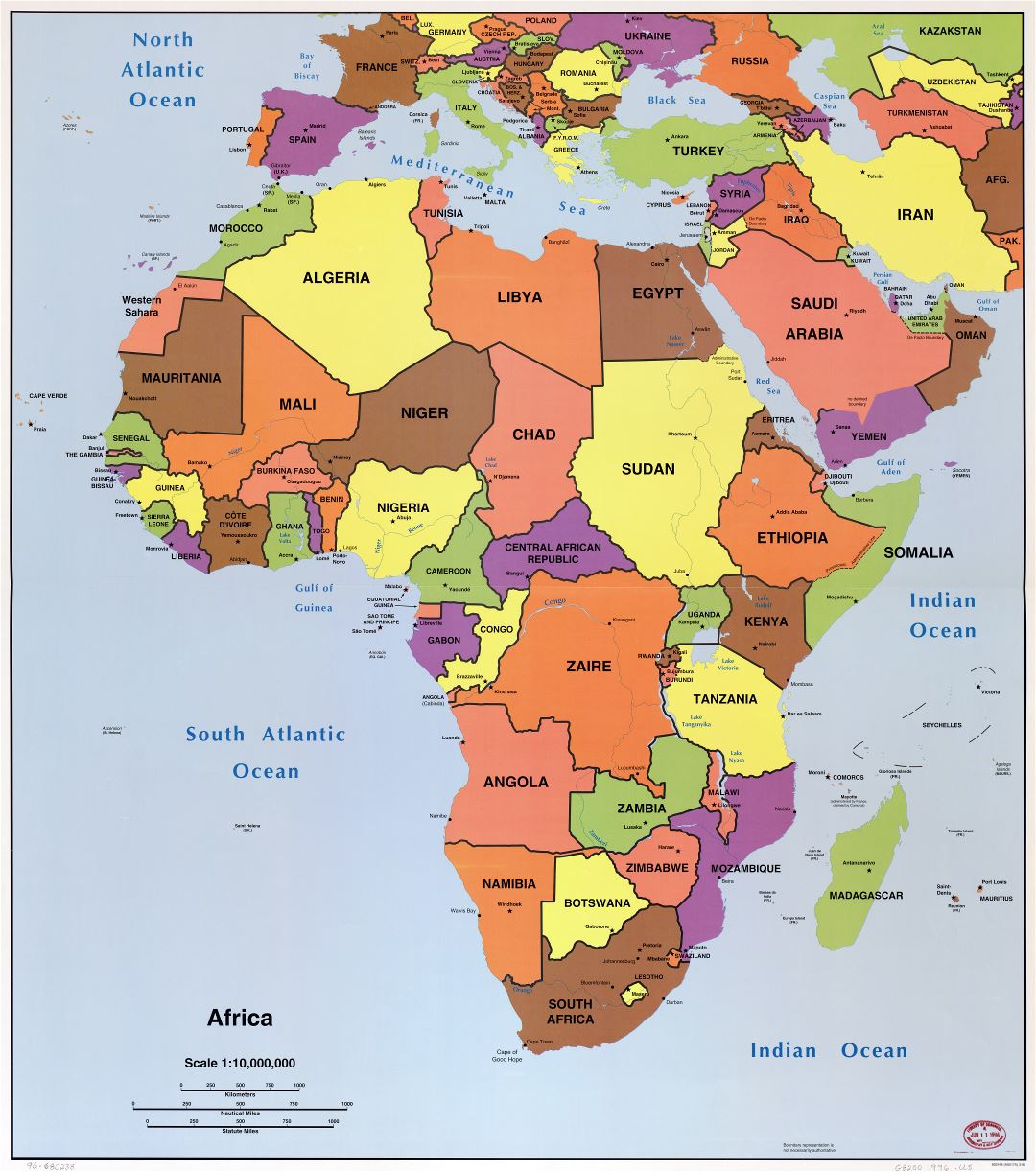 Large scale detail political map of Africa with the marks of capital cities, large cities and names of states - 1996