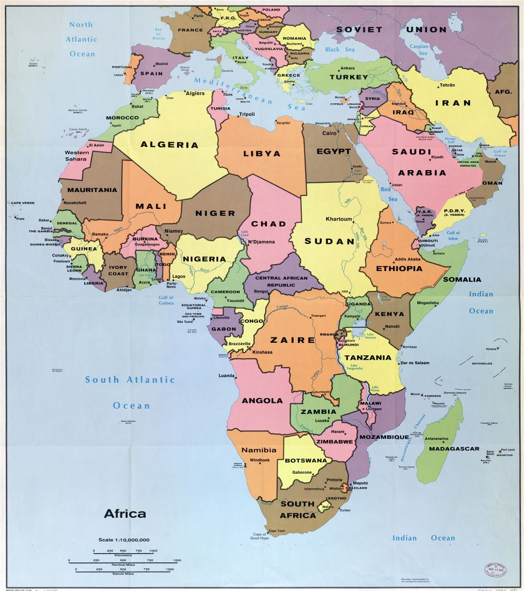 Large scale detail political map of Africa with the marks of capital cities, major cities and names of countries - 1984