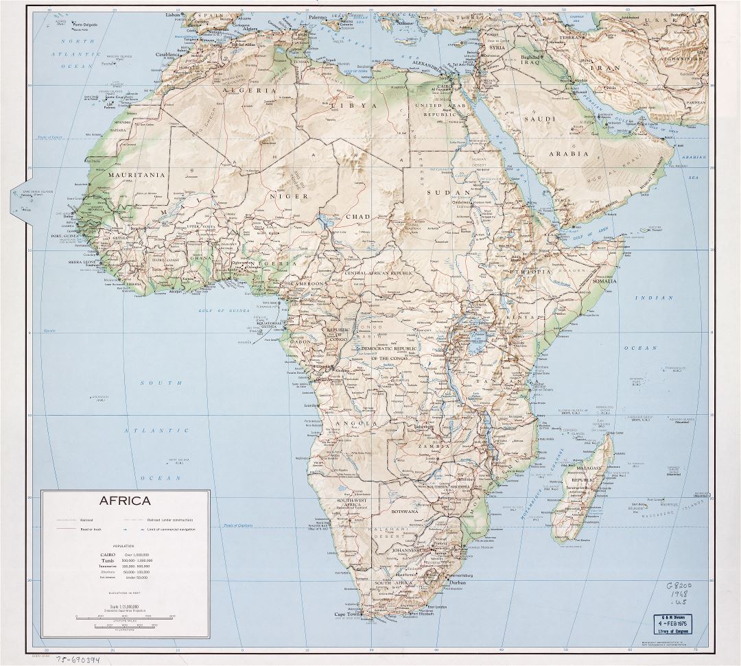 Large scale detailed political map of Africa with relief, marks of capitals, major cities, roads, railroads and names of countries - 1968