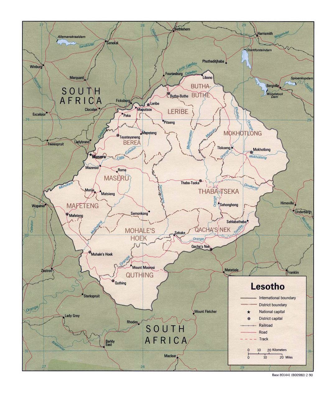 Detailed political and administrative map of Lesotho with roads, railroads and major cities - 1990