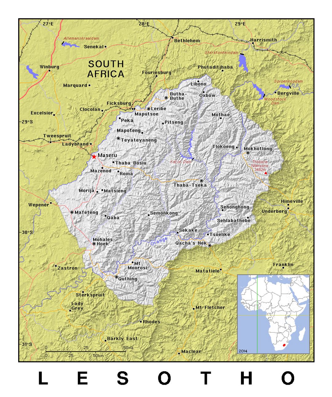 Detailed political map of Lesotho with relief