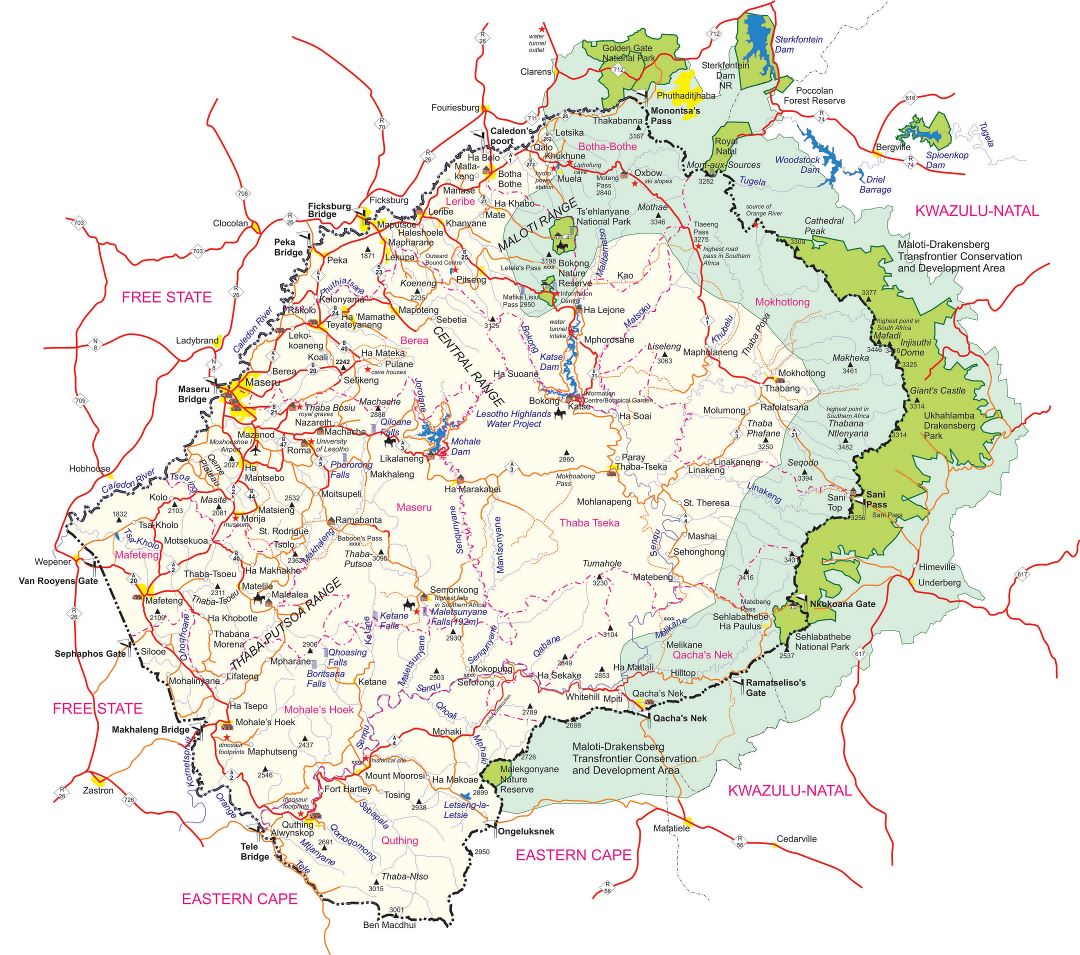 Large detailed map of Lesotho with other marks