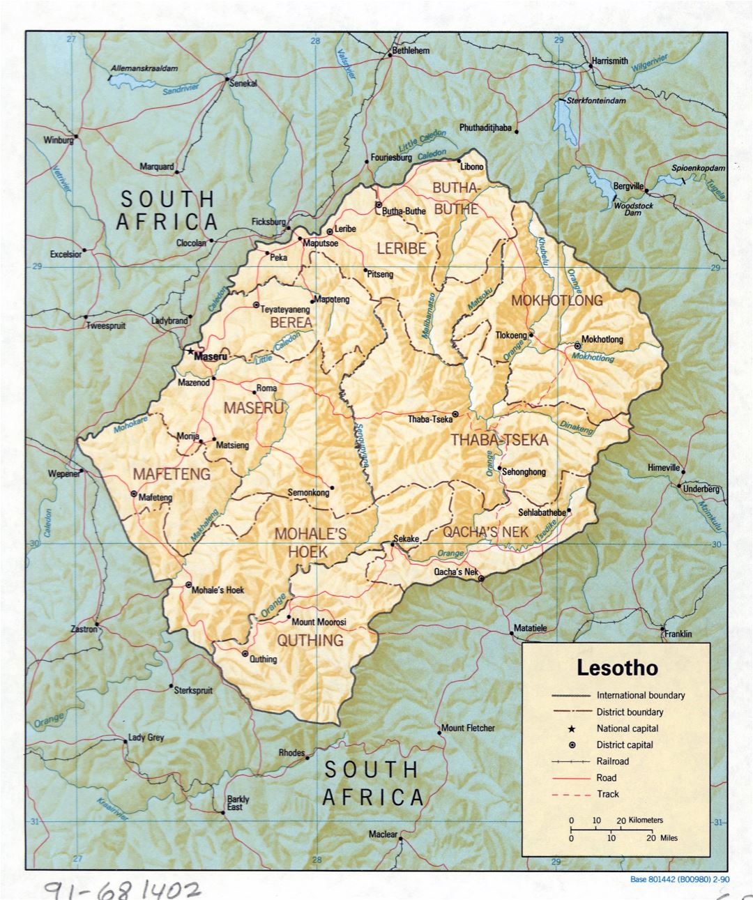 Large detailed political and administrative map of Lesotho with relief, roads, railroads and major cities - 1990
