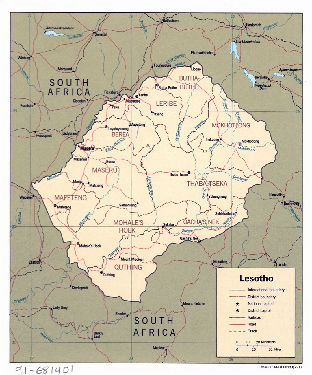Large detailed political and administrative map of Lesotho with roads, railroads and major cities - 1990