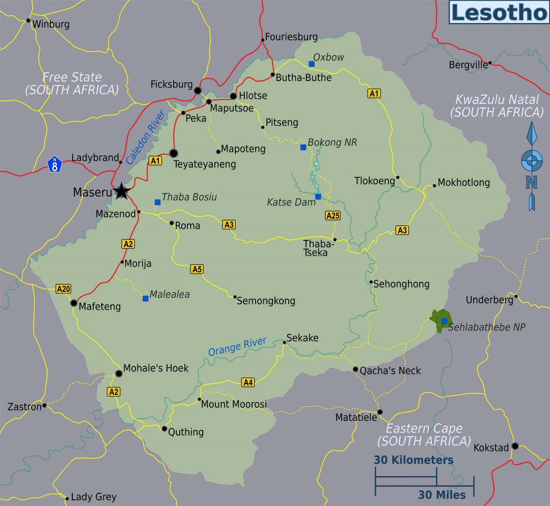 Large political map of Lesotho