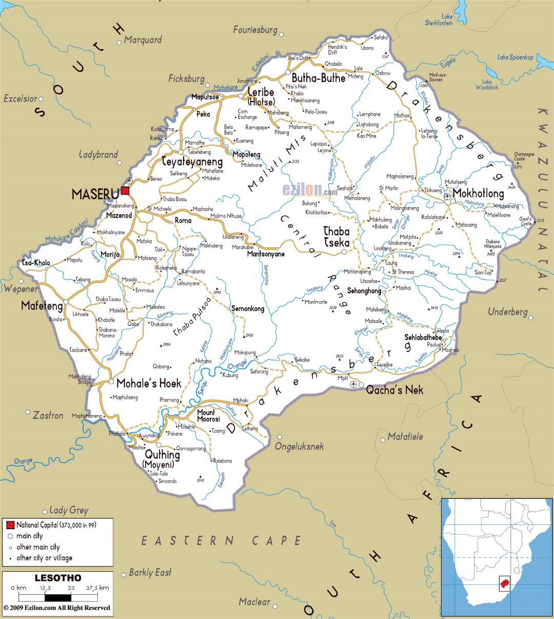 Large road map of Lesotho with cities and airports