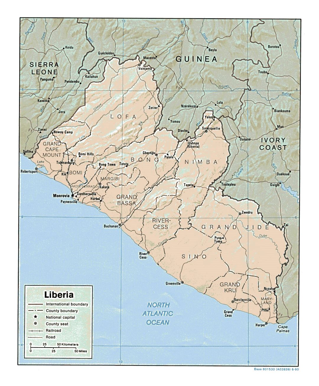 Detailed political and administrative map of Liberia with relief, roads, railroads and major cities - 1990