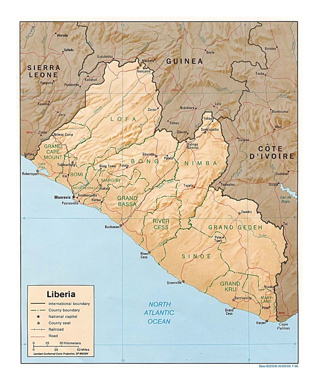 Detailed political and administrative map of Liberia with relief, roads, railroads and major cities - 1996