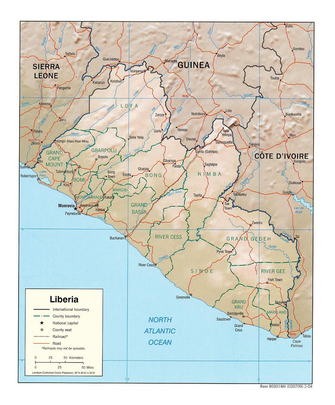 Detailed political and administrative map of Liberia with relief, roads, railroads and major cities - 2004
