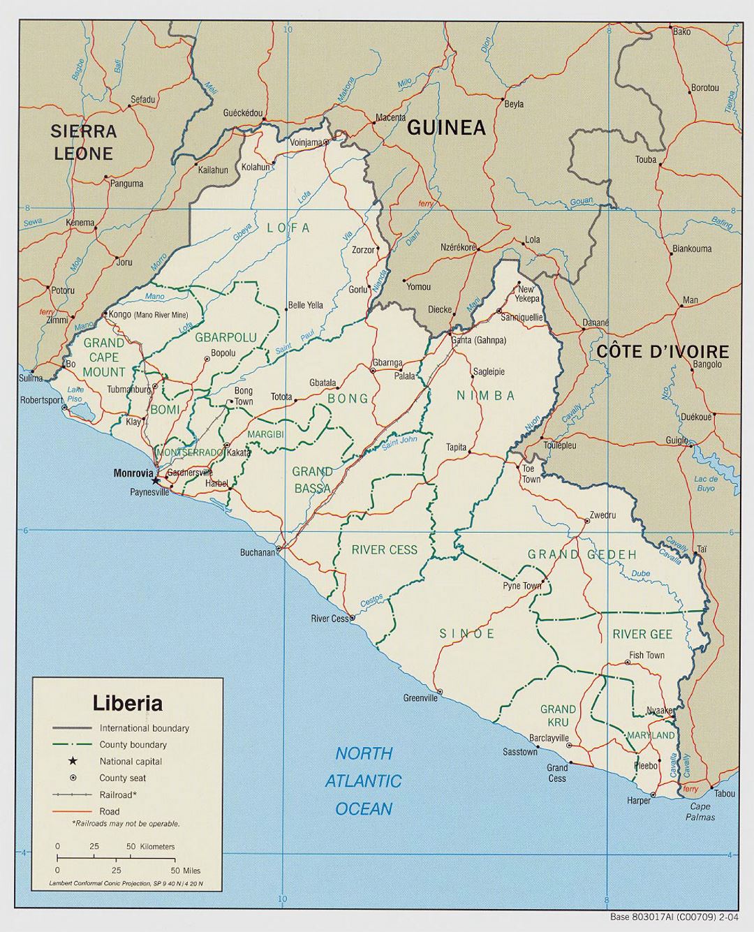 Detailed political and administrative map of Liberia with roads, railroads and major cities - 2004