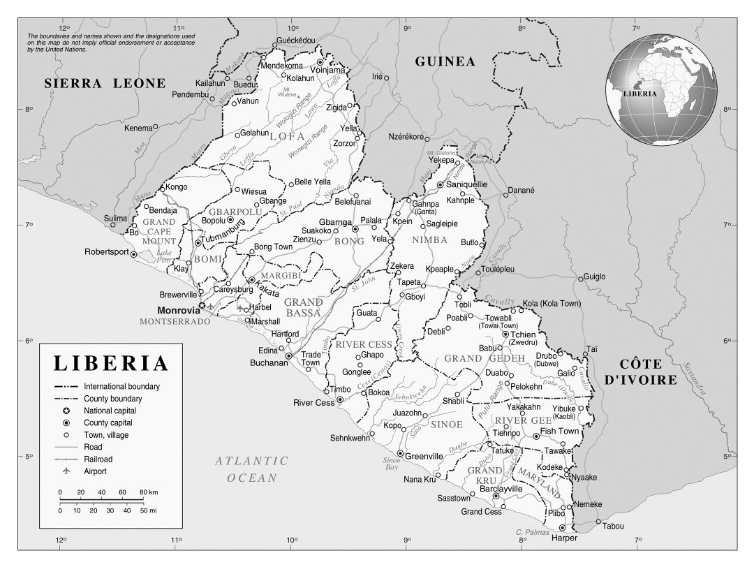 Large detailed political and administrative map of Liberia
