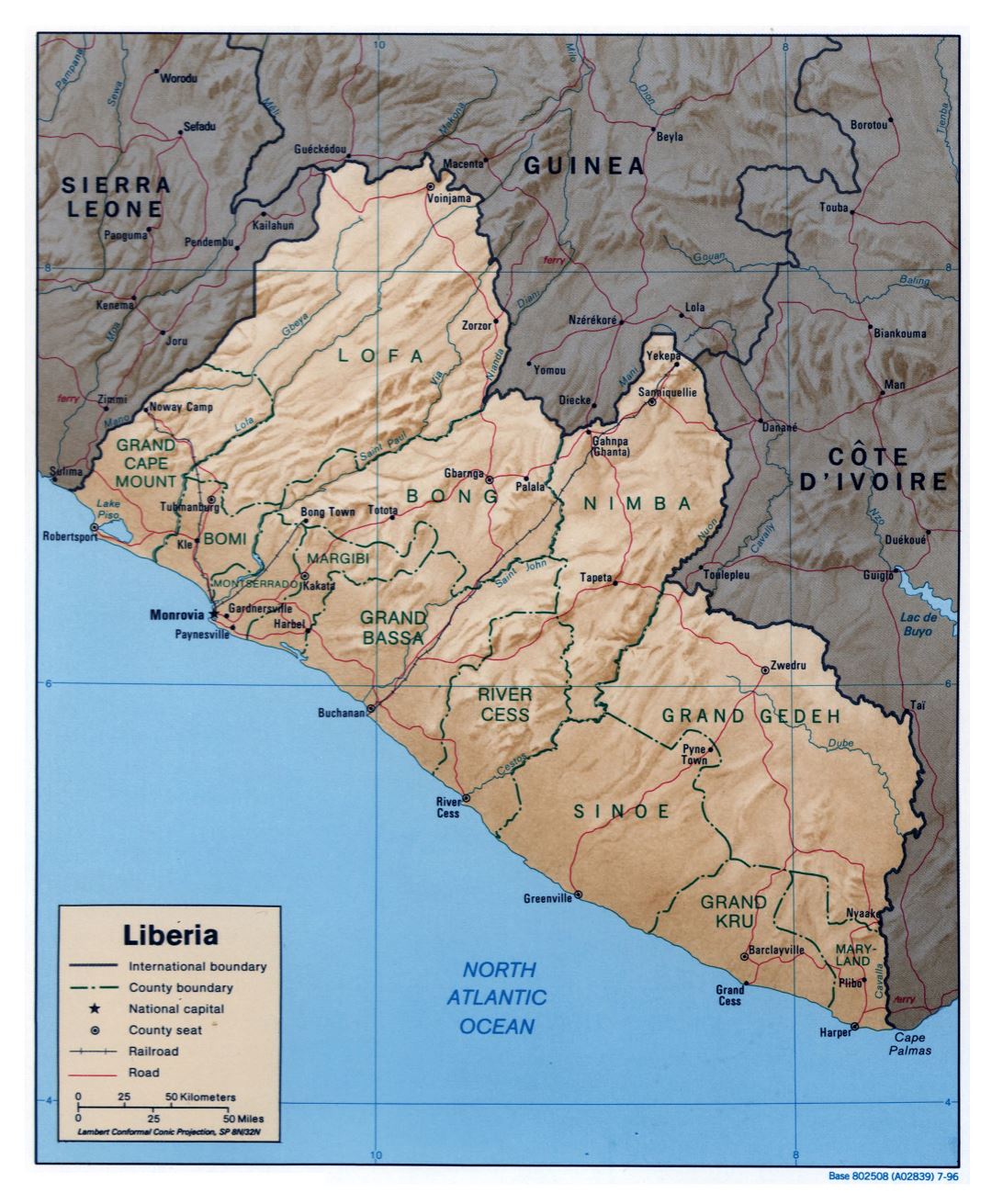 Large detailed political and administrative map of Liberia with relief, roads, railroads and major cities - 1996